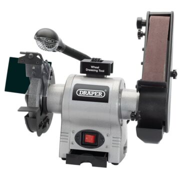 Draper Bench Grinder with Sanding Belt and Work light, 150mm, 370W