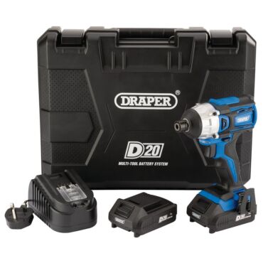 Draper D20 20V Brushless Impact Driver, 1/4" Hex, 180Nm, 2 x 2.0Ah Batteries, 1 x Charger