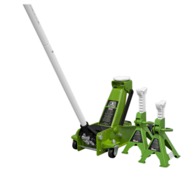 Sealey 3tonne Trolley Jack with Super Rocket Lift & Axle Stands (Pair) - Hi-Vis Green
