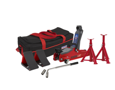 Trolley Jack 2tonne Low Entry Short Chassis - Red & Accessories Bag Combo