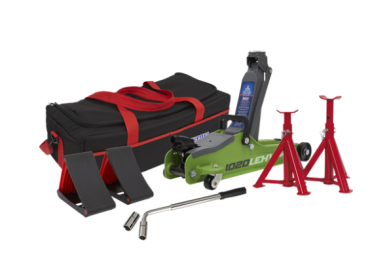 Sealey 2tonne Low Entry Short Chassis Trolley Jack - Hi-Vis Green and Accessories Bag Combo