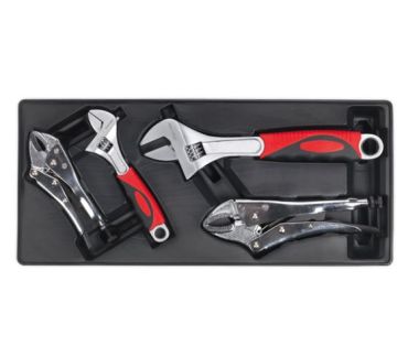 4pc Locking Pliers & Adjustable Wrench Set with Tool Tray